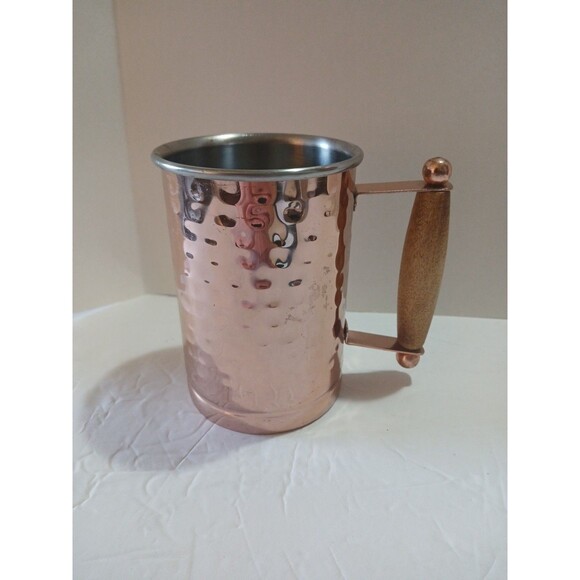 Vintage Mug-Hammered Copper- Wood Handle -5'inch-Stainless Steel Interior - Picture 2 of 16